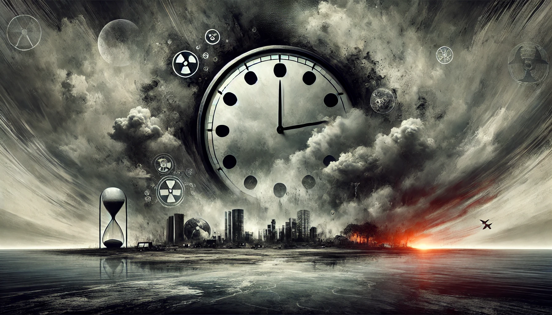 A symbolic and dramatic landscape image of the Doomsday Clock nearing midnight, set against a dark, ominous sky. The clock face is prominently display.