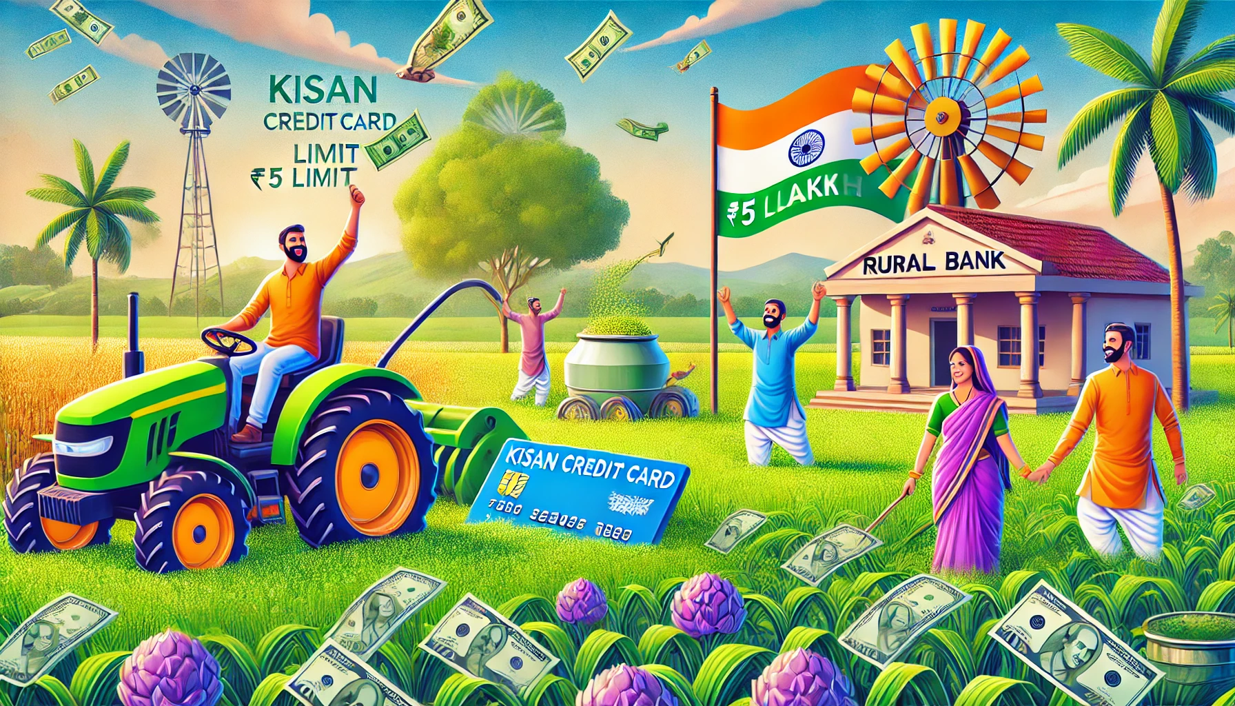 A vibrant digital illustration depicting Indian farmers in a lush green field, joyfully using modern agricultural equipment.