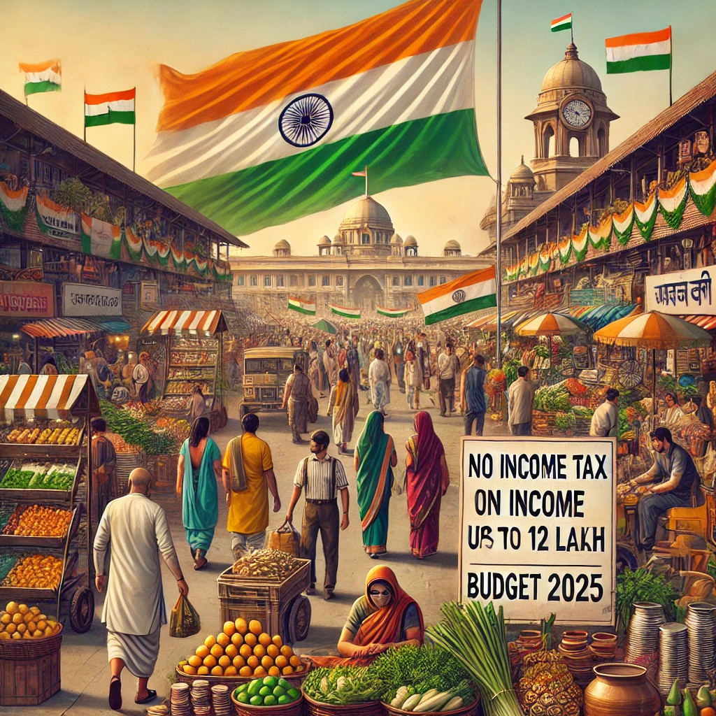 A bustling Indian market scene with people shopping, displaying various items like fruits, vegetables, and handicrafts. In the background.