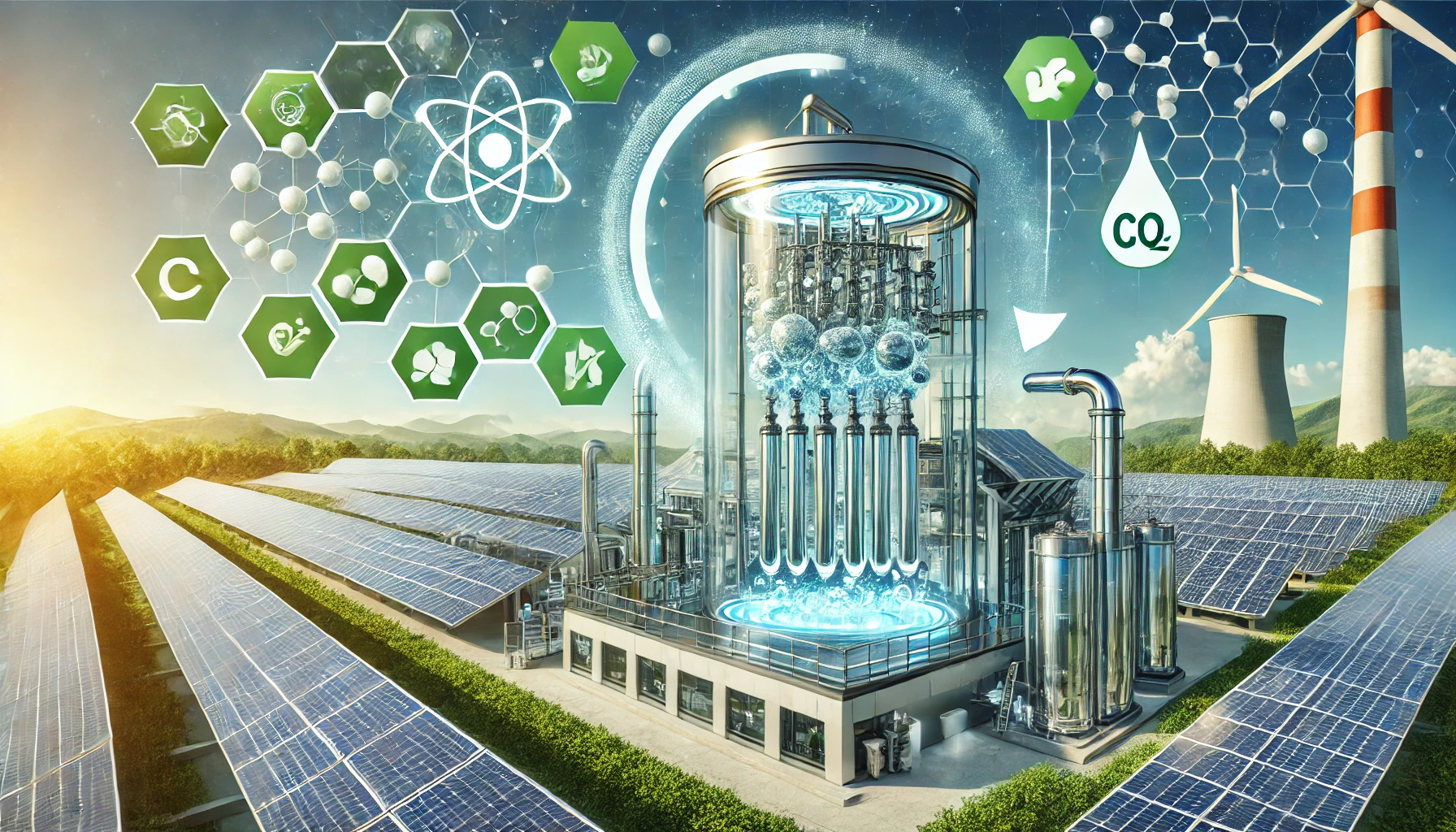 A futuristic solar-powered CO2-to-fuel reactor in operation.