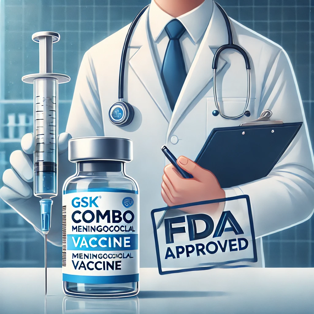 A medical-themed illustration featuring a vial labeled 'GSK Combo Meningococcal Vaccine' with a syringe next to it.