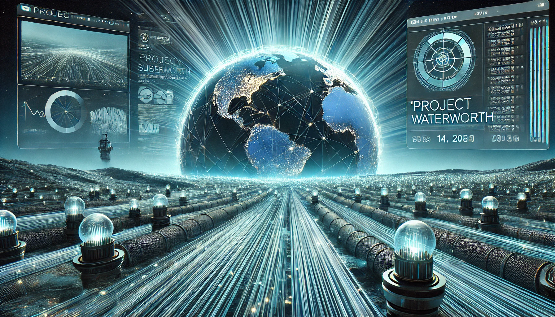 A futuristic digital-themed image showcasing 'Project Waterworth,' Meta's latest and most ambitious subsea cable initiative, announced on February 14.